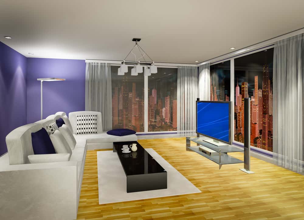 3D illustration of modern living room at evening